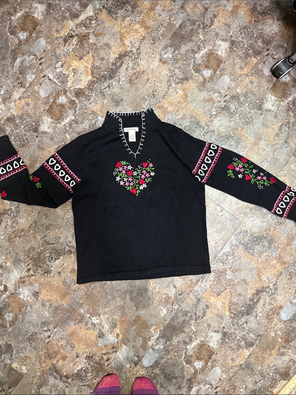 Orvis Black Sweater with Pink & Green Floral Heart